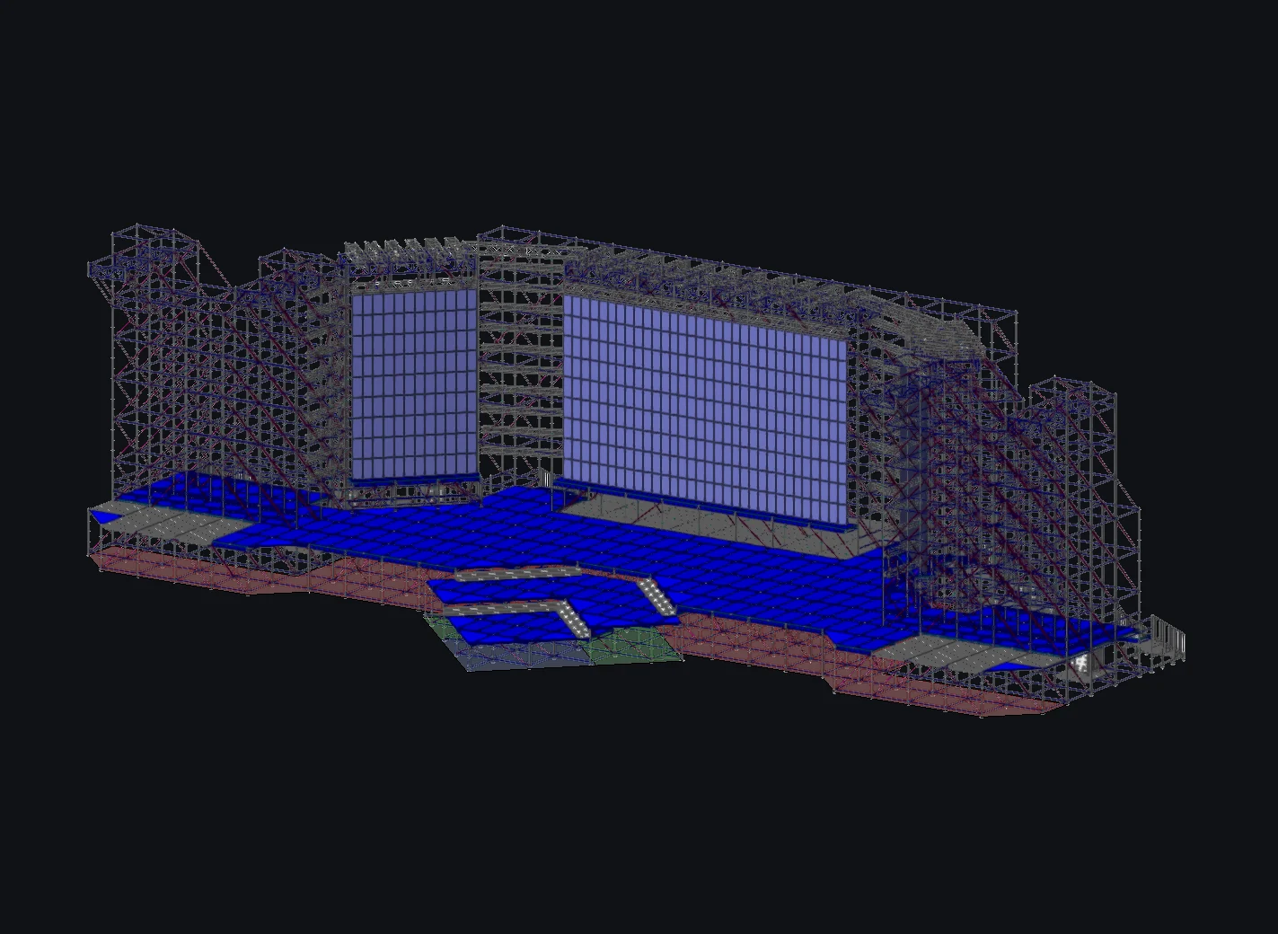 Detailed 3D stage design showing a large concert structure, roof, video screens, platforms and scenic elements